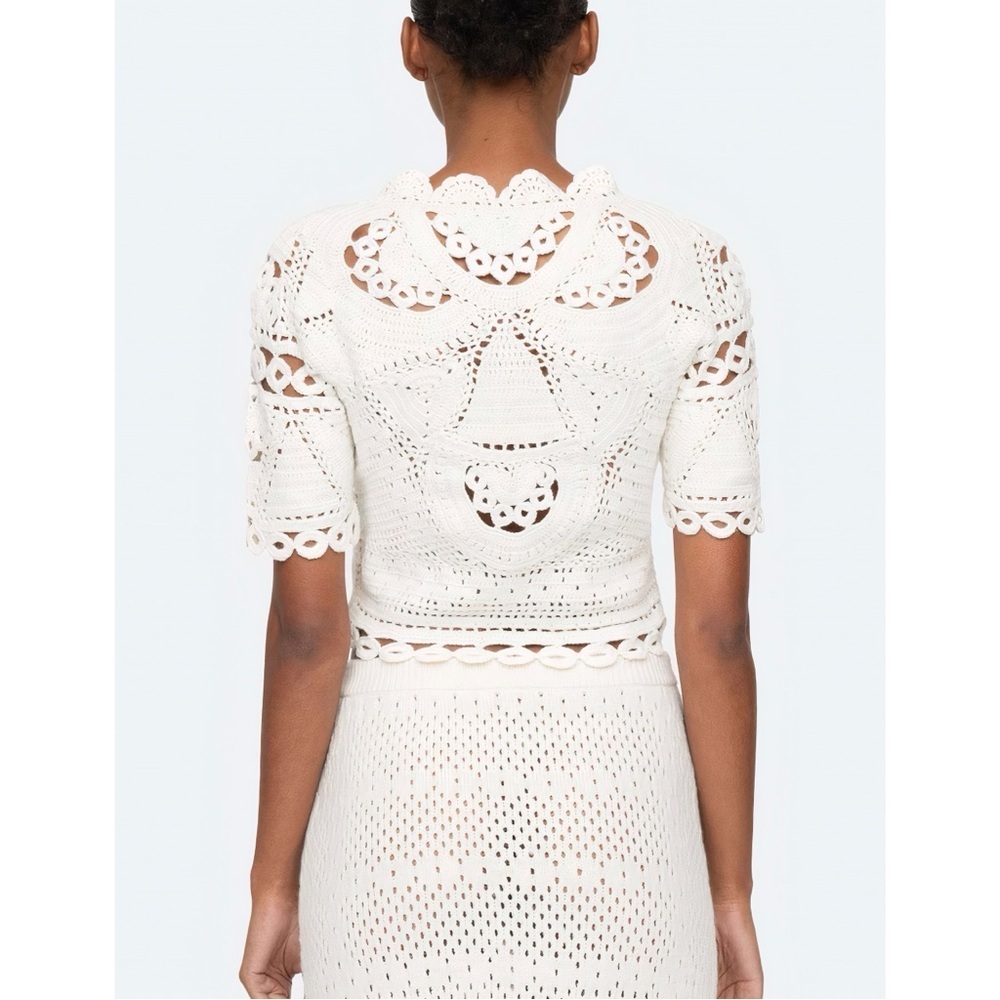 NWT SEA New York White Short-Sleeve Crochet Knit Carter Sweater Top - Picture 6 of 8